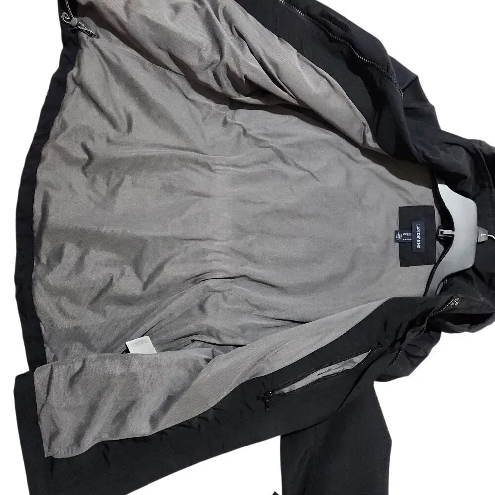 Lands Ends Windbreaker Jacket Size Medium Black Hooded Elastic Waist